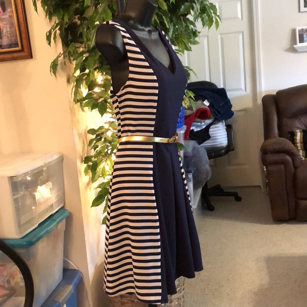 Navy & White Striped Dress with a Gold Belt - Picture 5 of 10
